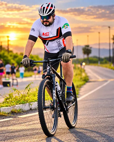 Ciclista com uniforme da MG pedalando ao pôr do sol