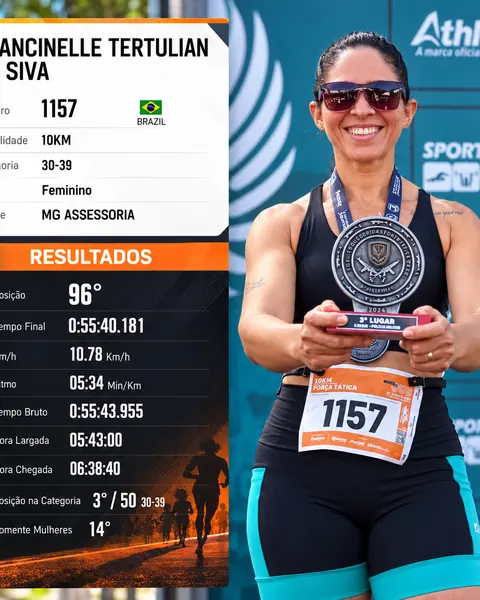 Atleta com troféu ao lado do quadro de resultados de 10 km